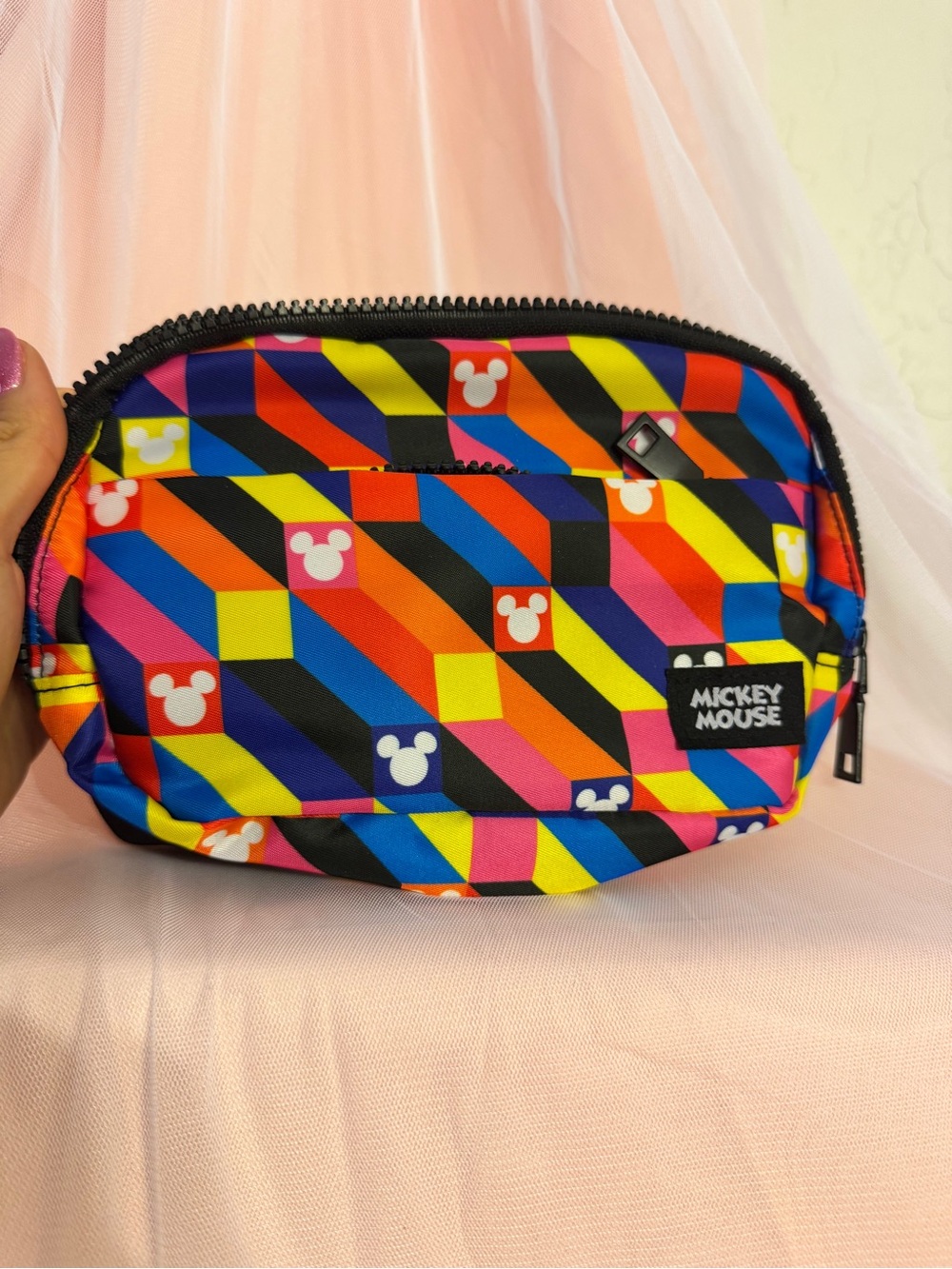 👜Disney Mickey Mouse Multicolor Geometric Print Waist Belt Bag Zippered Pouch